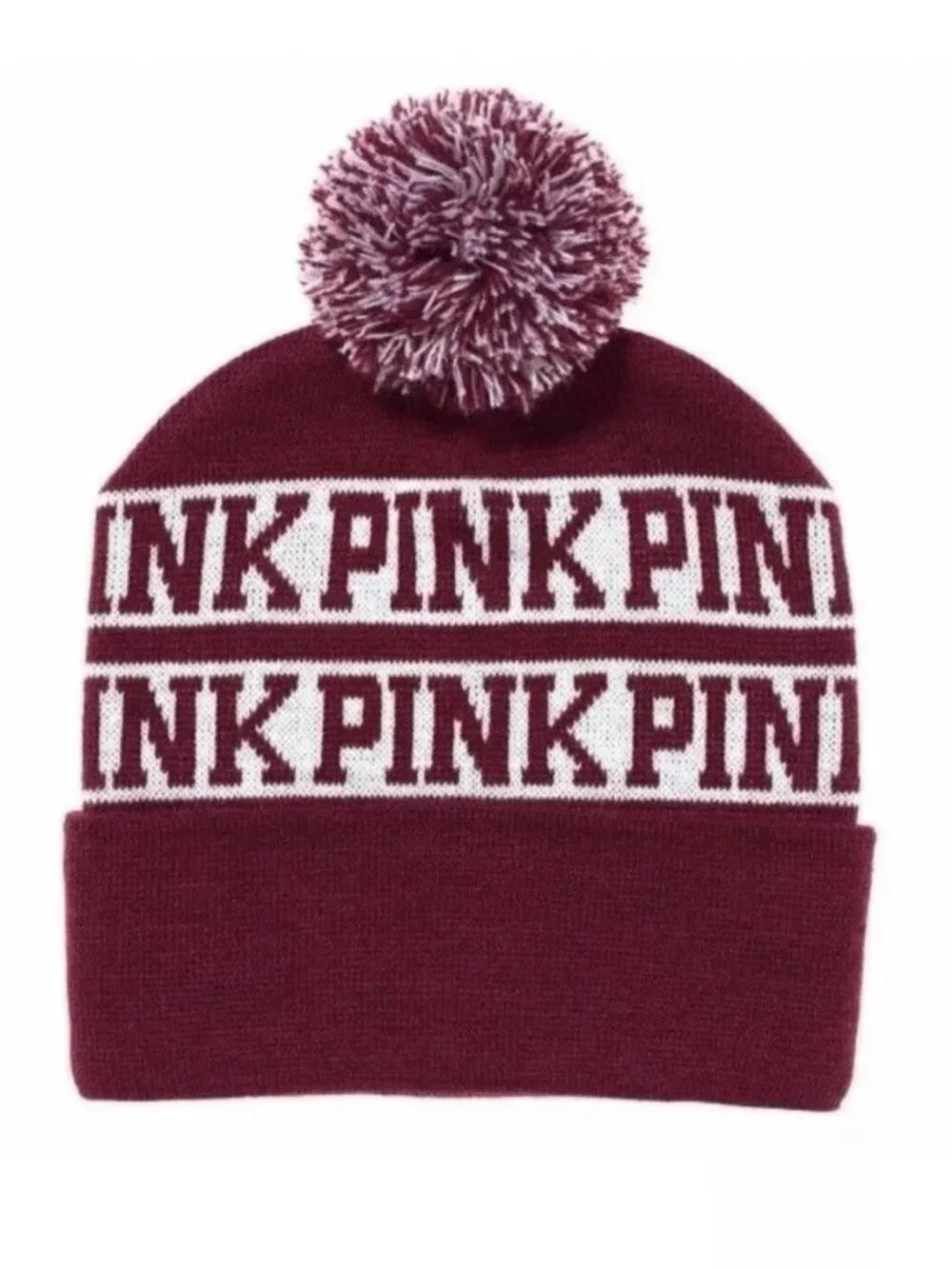 Victoria's Secret PINK Pom Pom Beanie Winter Hat (OS) - Burgundy/ Maroon
